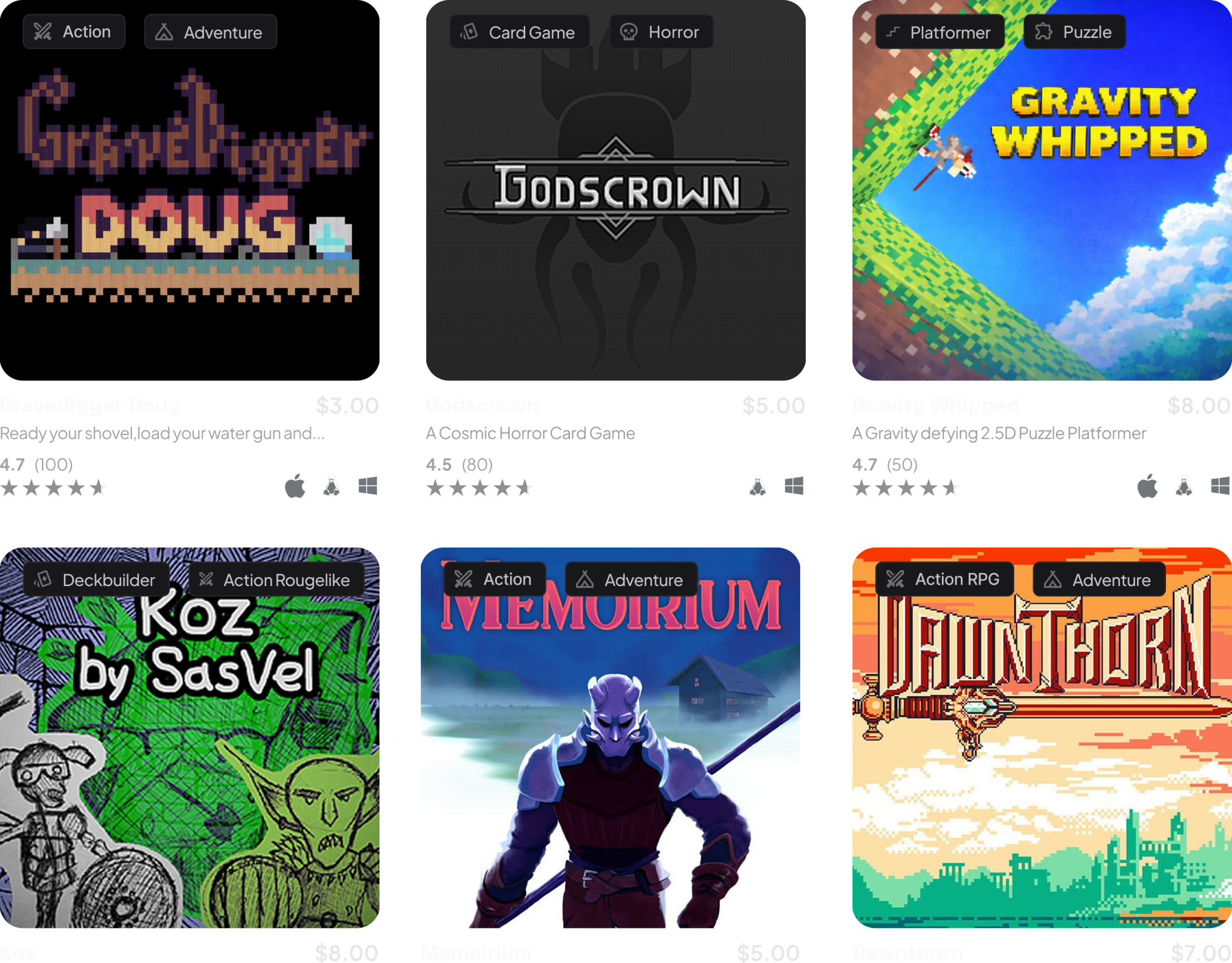 Grid of discoverable indie games